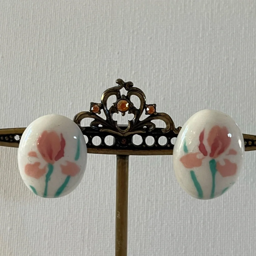 Iris ceramic oval clip on Earrings on Porcelain flower earrings..